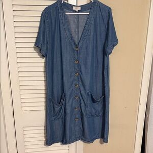 LOFT Chambray Blue Button-Front Midi Dress